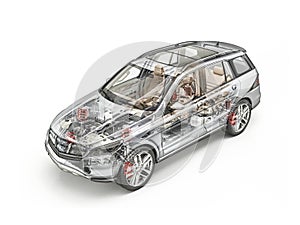 Generic Suv car detailed cutaway 3D rendering. Hard look. photo