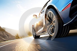 A generic and unbranded blue sport car running in the sunlight, ai generative illustration