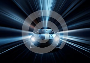 Generic and unbranded car speed driving in a tunnel, 3D illustration