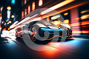 Generic and unbranded futuristic sport car run in a big city by night with light trails, generative ai illustration