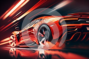 Generic and unbranded modern red sport car running in a light tunnel, generative ai illustration