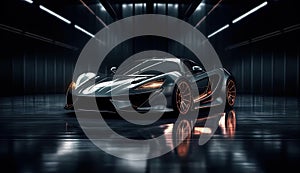 Generic and unbranded modern sport car on a dark background, generative ai illustration