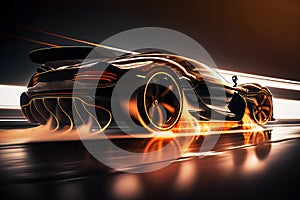 Generic and unbranded modern sport car on a road with light trails, generative ai illustration
