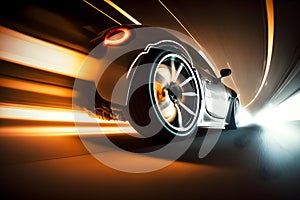 Generic and unbranded modern sport car in a tunnel with light trails, generative ai illustration