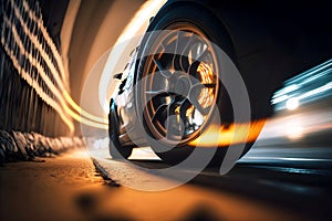 Generic and unbranded modern sport car in a tunnel with light trails, generative ai illustration