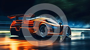 A generic and unbranded orange sport car running in the night, ai generative illustration