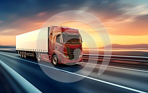 Generic and unbranded red truck speed driving on asphalt road, 3D illustration