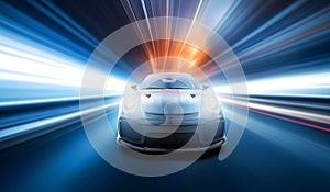 Generic and unbranded sport car speed driving in a blue tunnel, 3D illustration