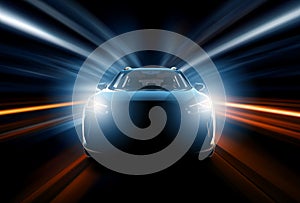 Generic and unbranded sport car speed driving in a tunnel, 3D illustration