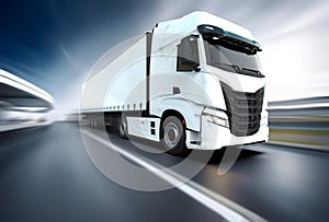 Generic and unbranded white truck speed driving at daytime, 3D illustration