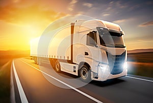 Generic and unbranded white truck speed driving at sunset, 3D illustration