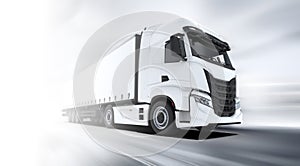 Generic and unbranded white truck speed driving on a white background, 3D illustration