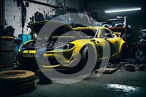 Generic and unbranded yellow sport car in a garage, generative ai illustration