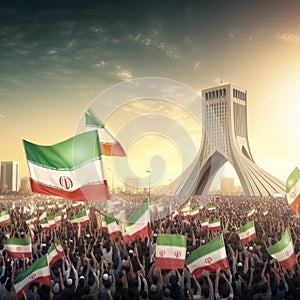 Generic unrecognizable crowds cheering or demonstrating with waving Iranian flags in Tehran of Iran. Digitally generated rendering