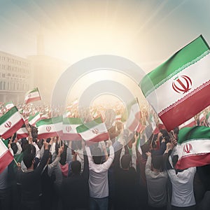 Generic unrecognizable crowds cheering or demonstrating with waving Iranian flags in Tehran of Iran. Digitally generated rendering