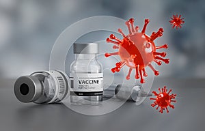 Generic Vaccines, a Syringe Injection and a couple of Generic Viruses, Vaccination at Hospital Ambient, Grey Background