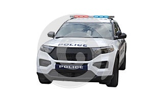 Generic white police vehicle suv truck with emergency lights flashing isolated on white