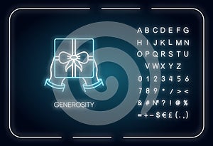 Generosity neon light icon. Outer glowing effect. Sign with alphabet, numbers and symbols. Birthday, holiday event