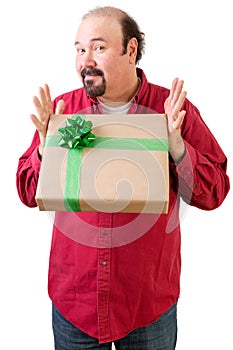 Generous balding man giving or receiving present