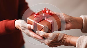 Generous Hands Offering a Gift Wrapped with Love. Generative ai