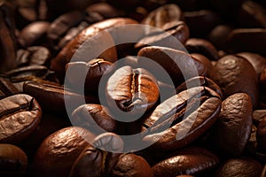 A generous pile of rich, dark roasted coffee beans, perfect for brewing a flavorful cup of coffee that will invigorate your senses photo
