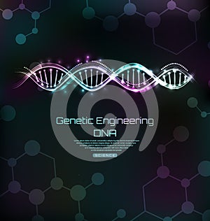 Genetic Engeneering Template, DNA Molecules Spiral, Glowing Banner