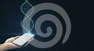 Genetic engineering and analysis concept with digital dna spiral and human hand with smartphone