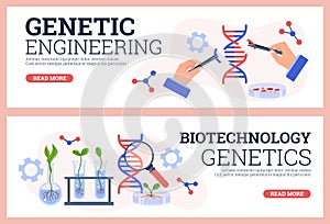 Genetic engineering and biotechnology web banners set, flat vector illustration.