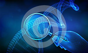 Genetic engineering concept with magnifier in hand and DNA sequence. Wireframe DNA molecules structure mesh. DNA code editable