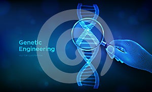 Genetic engineering concept with magnifier in hand and DNA sequence. Wireframe DNA molecules structure mesh. DNA code
