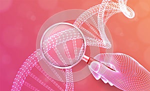 Genetic engineering concept with magnifier in hand and DNA sequence. Wireframe DNA molecules structure mesh. DNA code editable
