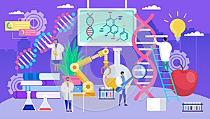 Genetic engineering dna vector illustration, cartoon flat tiny geneticist people work, changing human genome