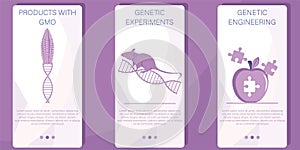 Genetic engineering. Genetically modified foods, GM foods. Food additives. Genetically engineered foods concept. App interface