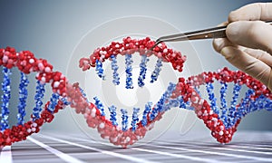 Genetic engineering, GMO and Gene manipulation concept. Hand is inserting sequence of DNA. 3D illustration of DNA