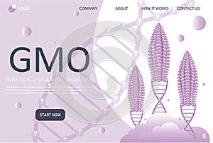 Genetic engineering landing page in flat style. Genetically modified foods. Food additives. DNA recombination. vector