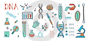 Genetic engineering and medical research vector background. DNA helix, genome testing elements. Chemical laboratory