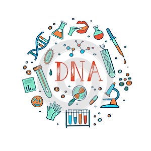 Genetic engineering and medical research vector background. DNA helix, genome testing elements. Chemical laboratory