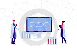 Genetic engineering science and medicine concept. Vector flat medical person illustration. Scientist team with artificial dna sign