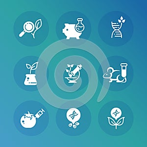 Genetic modification biotechnology and dna research vector icons set