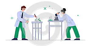 Genetic research in bioengineering laboratory, DNA manipulation in flat vector