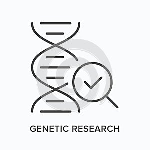 Genetic research flat line icon. Vector outline illustration of dna spiral and magnifier. Black thin linear pictogram