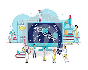 Genetic research laboratory of bitechnology, scientists study dna, biochemical lab interior flat vector illustration.