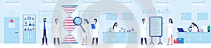 Genetic research laboratory. Professional lab with scientists, genome and biological researches vector illustration