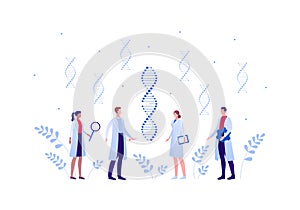 Genetic science and medicine concept. Vector flat medical person illustration. Doctor and scientist people team of man and woman