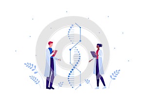 Genetic science and medicine concept. Vector flat medical person illustration. Doctor and scientist people team of man and woman