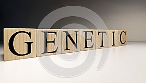 Genetic word written on wood cube with white background. Close up