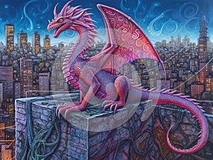 Genetically engineered dragon on graffiti wall