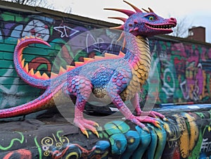 Genetically engineered dragon on graffiti wall