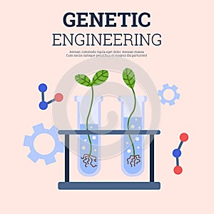 Genetically engineering banner with lab equipment flat vector illustration.