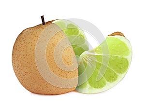 Genetically modified apple pear with lime on white background